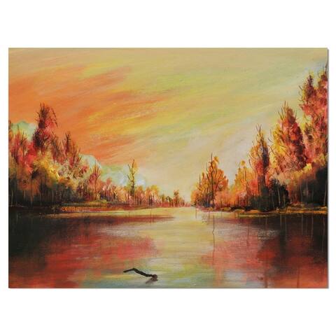Designart 'Romantic on Sunset River' Landscapes Print on Wrapped Canvas - Brown