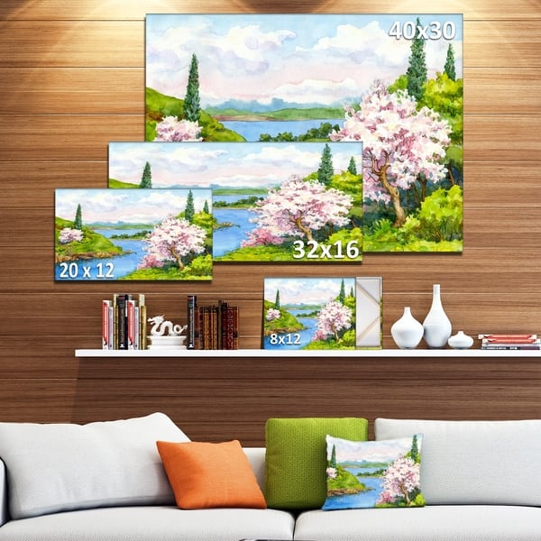 Designart Flowering Trees In Winding River Landscapes Print On Wrapped Canvas Green Overstock 21276862