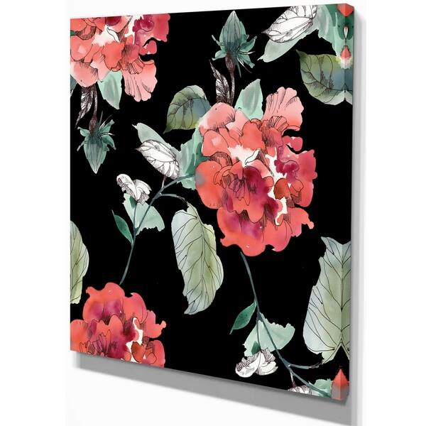 Red Rose In Black Background Floral Print On Wrapped Canvas