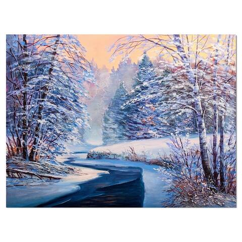 Designart 'Winter night with Forest Sunset' Landscapes Print on Wrapped Canvas - White