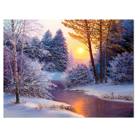 Designart 'Winter Forest in River' Landscapes Print on Wrapped Canvas - White