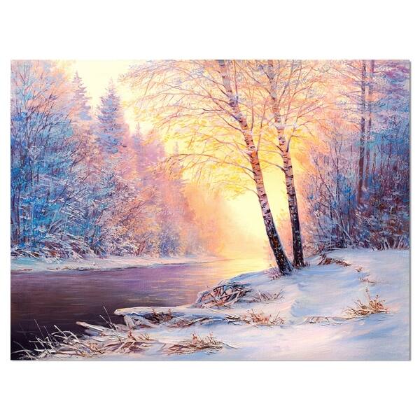 Designart Winter Landscape With A River Landscapes Print On Wrapped Canvas White On Sale Overstock