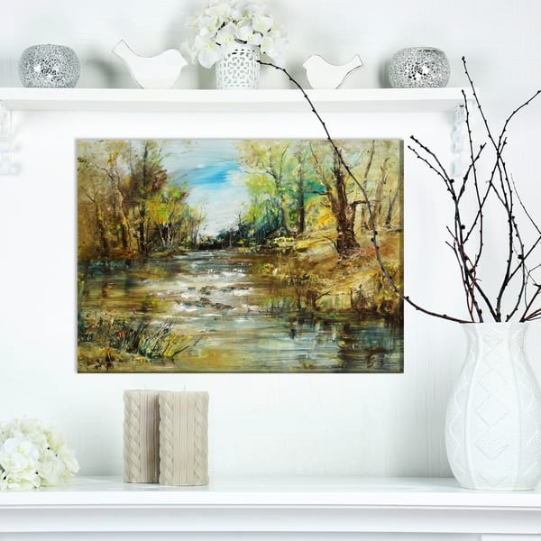 Designart Trees By The River Landscapes Print On Wrapped Canvas Green Overstock 21277192