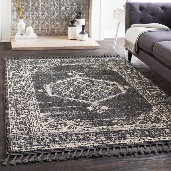 Lucie Black Boho Medallion Tassel Area Rug - 5' x 7'3"