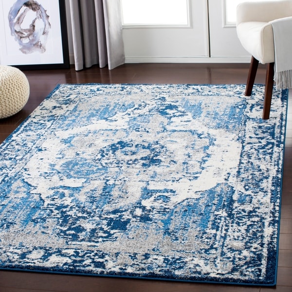 Blue & Cream Distressed Vintage Area Rug - 5'3" x 7'3"