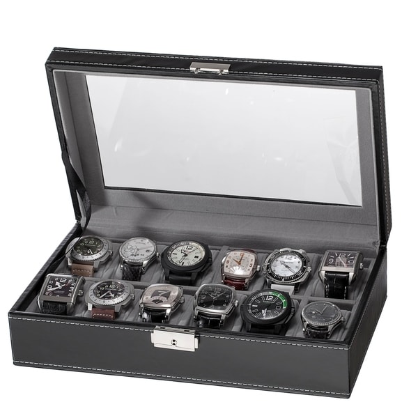 Shop Watch Box Large 12 Mens Black Leather Display Glass ...