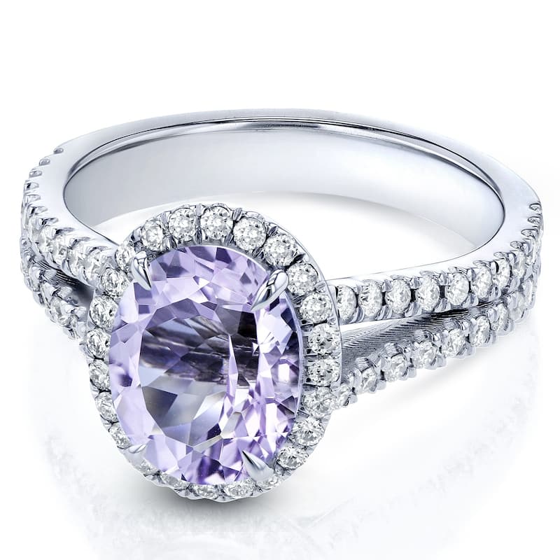 Annello by Kobelli 14k Gold 2ct TGW Oval Cut Lavender Amethyst and Diamond Halo Split Shank Gemstone Ring