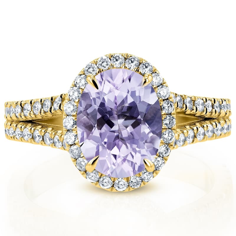 Annello by Kobelli 14k Gold 2ct TGW Oval Cut Lavender Amethyst and Diamond Halo Split Shank Gemstone Ring