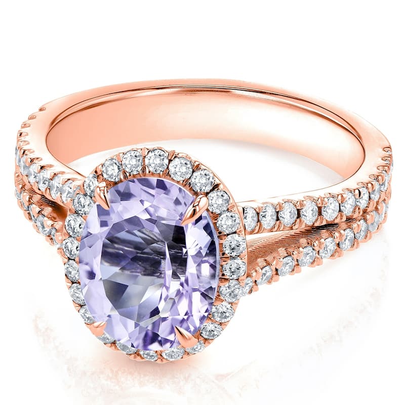Annello by Kobelli 14k Gold 2ct TGW Oval Cut Lavender Amethyst and Diamond Halo Split Shank Gemstone Ring