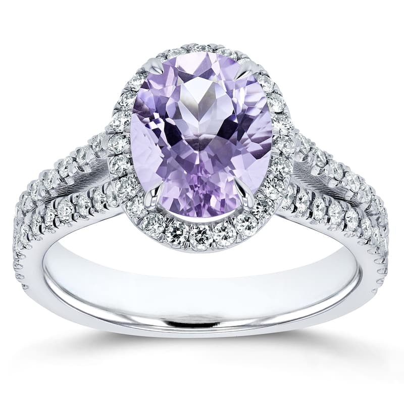 Annello by Kobelli 14k Gold 2ct TGW Oval Cut Lavender Amethyst and Diamond Halo Split Shank Gemstone Ring