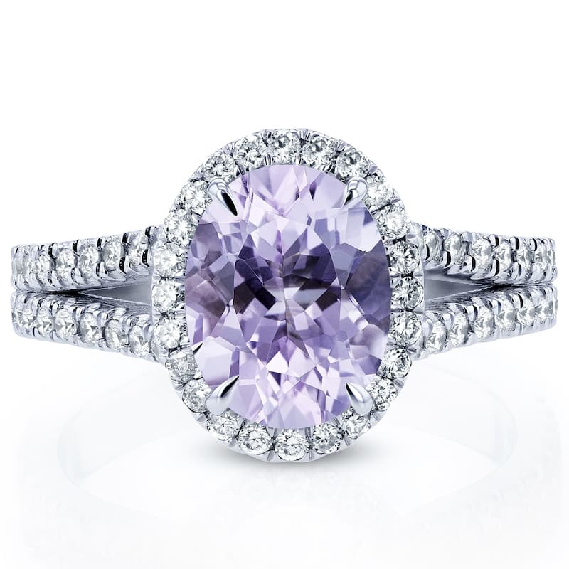 Annello by Kobelli 14k Gold 2ct TGW Oval Cut Lavender Amethyst and Diamond Halo Split Shank Gemstone Ring