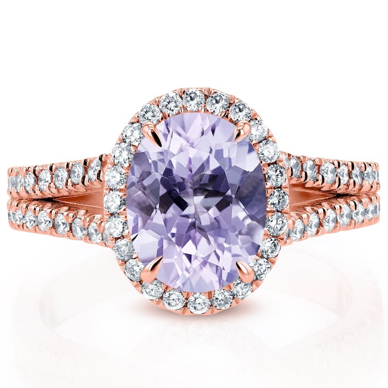 Annello by Kobelli 14k Gold 2ct TGW Oval Cut Lavender Amethyst and Diamond Halo Split Shank Gemstone Ring