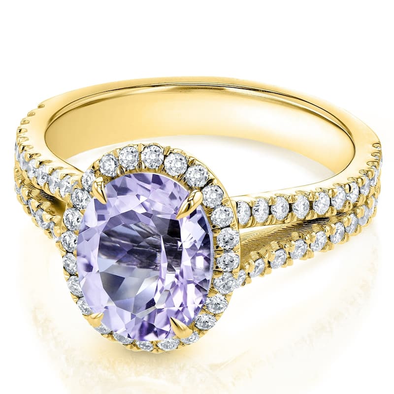 Annello by Kobelli 14k Gold 2ct TGW Oval Cut Lavender Amethyst and Diamond Halo Split Shank Gemstone Ring