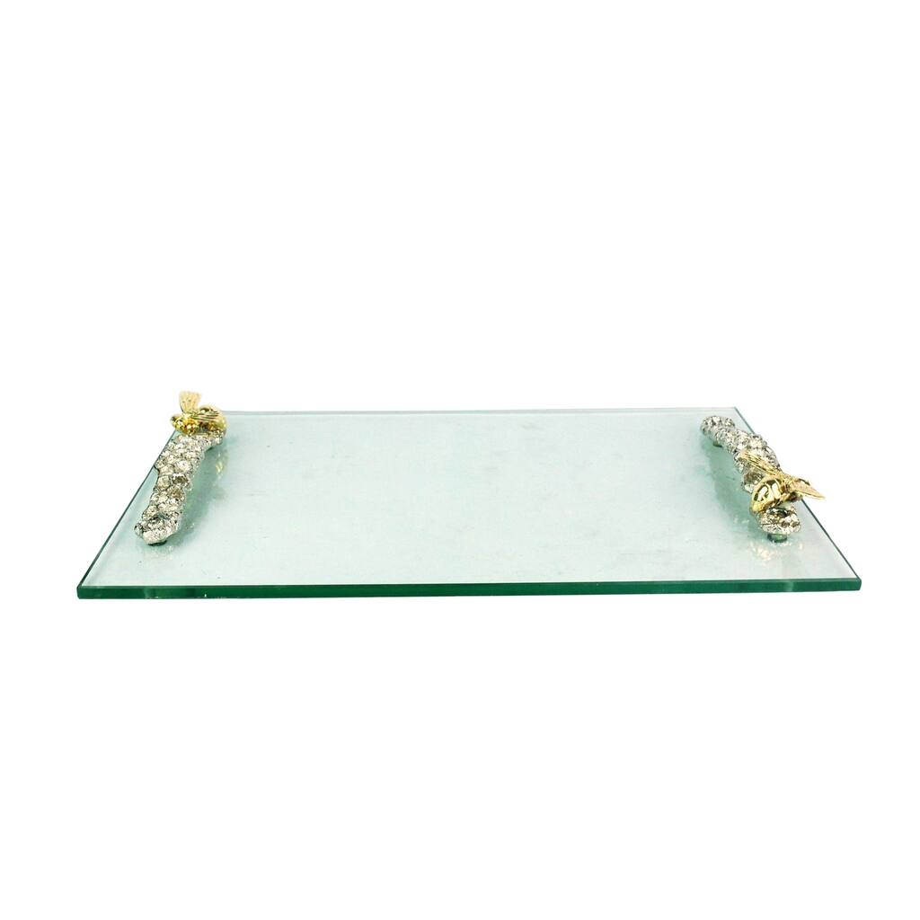 Sagebrook Home 12565 Glass Tray W/Pewter Honeycomb Handles, Silver Polyresin, 17.75 x 11.75 x 1.75 Inches