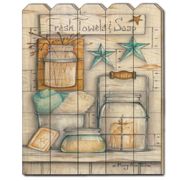 "Fresh Towels & Soap" by Mary Ann June, Printed Wall Art on a Wood Picket Fence