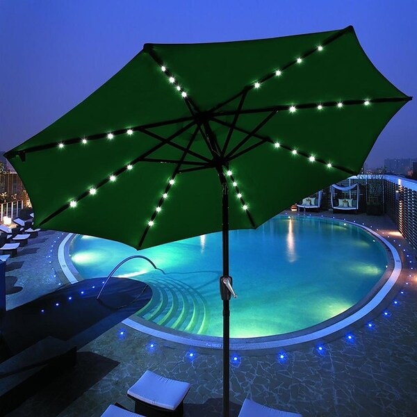 9 Foot Solar Green Round Outdoor Tilting Patio Umbrella