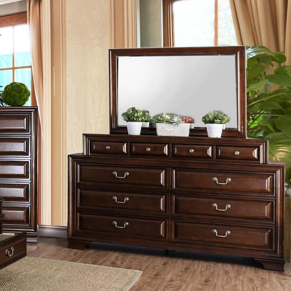 slide 2 of 4, Oslo Traditional 2-piece 10-Drawer Dresser and Mirror Set by Furniture of America Brown Cherry