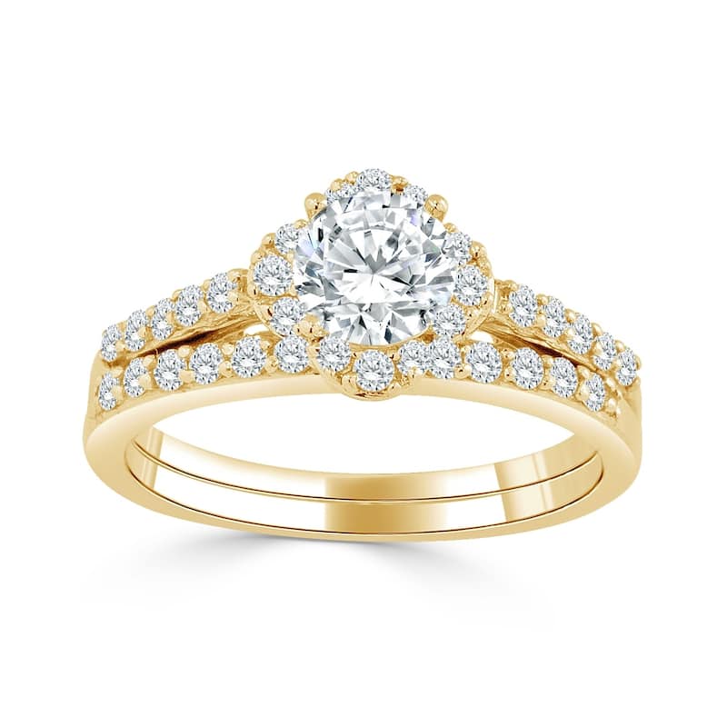 Auriya 14k Gold 1ct TDW Petite Round Diamond Halo Engagement Ring Set