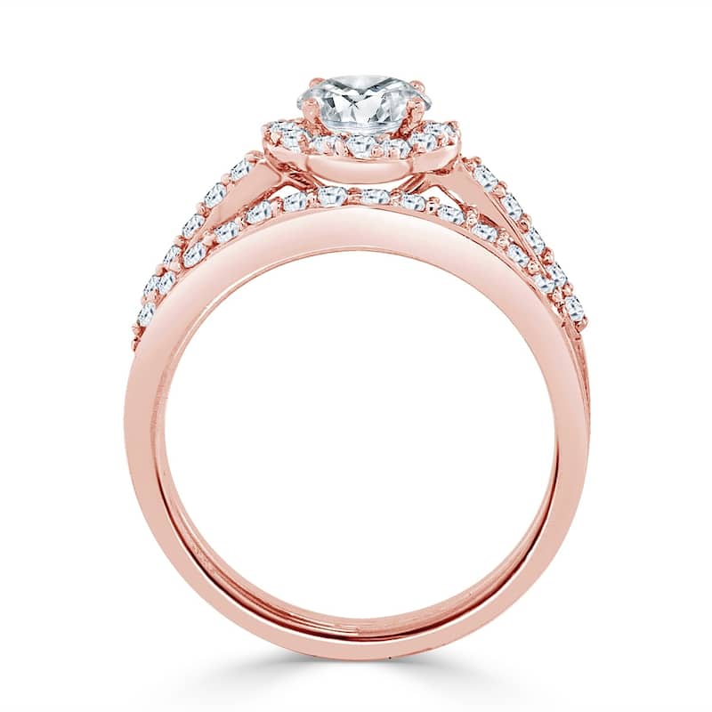 Auriya 14k Gold 1ct TDW Petite Round Diamond Halo Engagement Ring Set