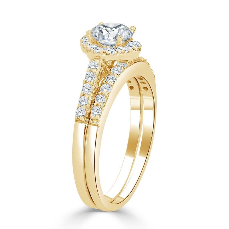 Auriya 14k Gold 1ct TDW Petite Round Diamond Halo Engagement Ring Set