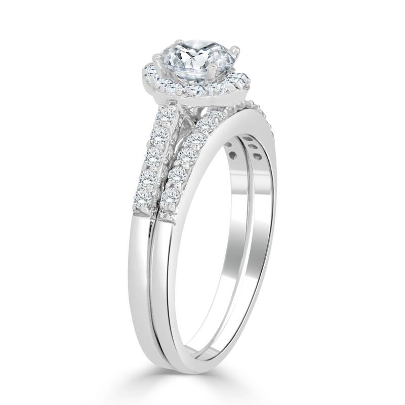 Auriya 14k Gold 1ct TDW Petite Round Diamond Halo Engagement Ring Set