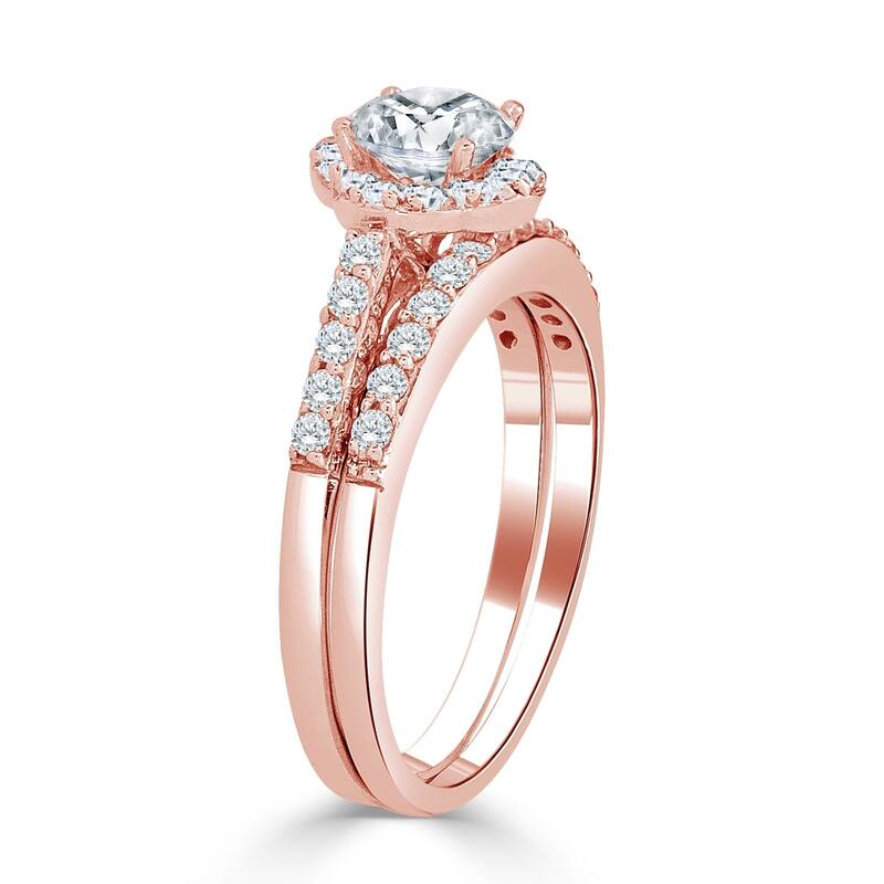 Auriya 14k Gold 1ct TDW Petite Round Diamond Halo Engagement Ring Set