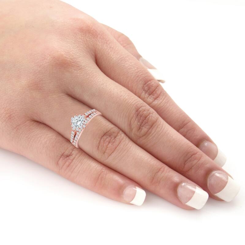 Auriya 14k Gold 1ct TDW Petite Round Diamond Halo Engagement Ring Set