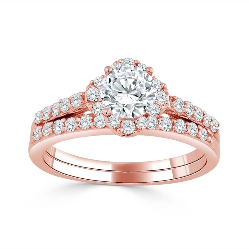 Auriya 14k Gold 1ct TDW Petite Round Diamond Halo Engagement Ring Set