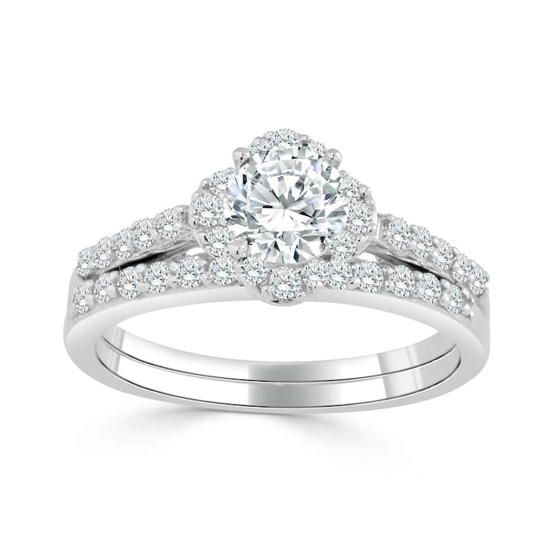Auriya 14k Gold 1ct TDW Petite Round Diamond Halo Engagement Ring Set