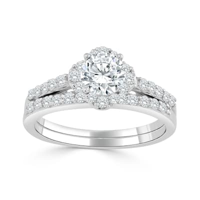 Auriya 14k Gold 1ct TDW Petite Round Diamond Halo Engagement Ring Set