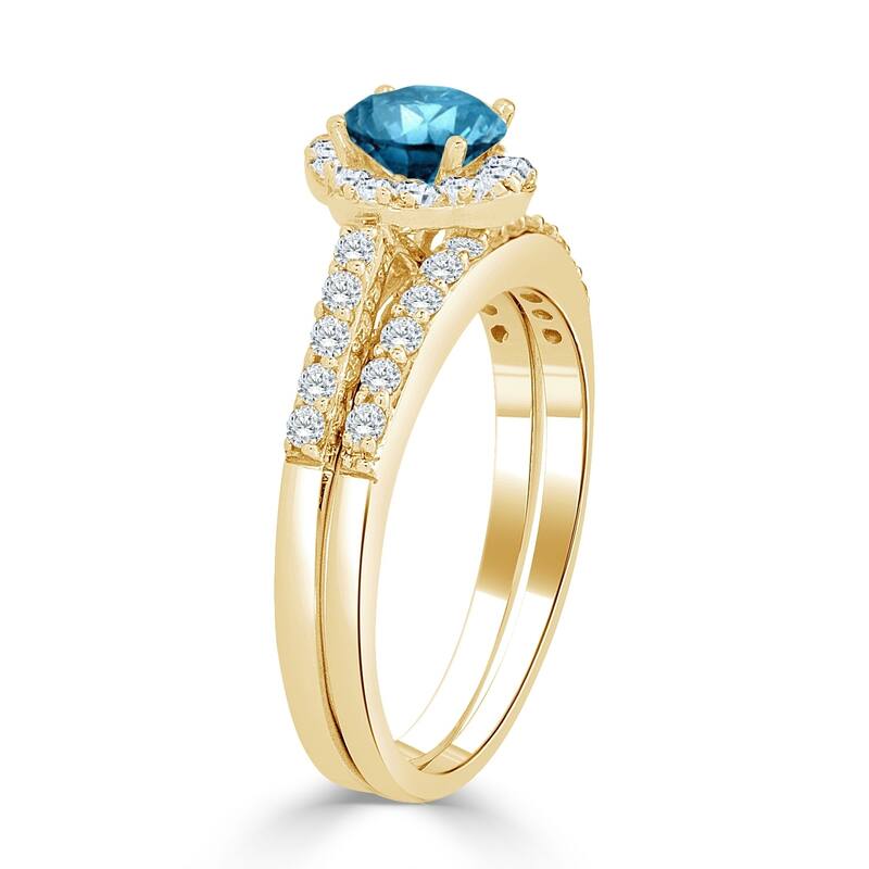 Auriya 14k Gold 1ctw Round Blue Halo Diamond Engagement Ring Set