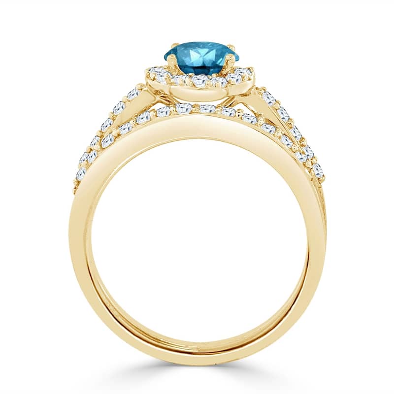 Auriya 14k Gold 1ctw Round Blue Halo Diamond Engagement Ring Set