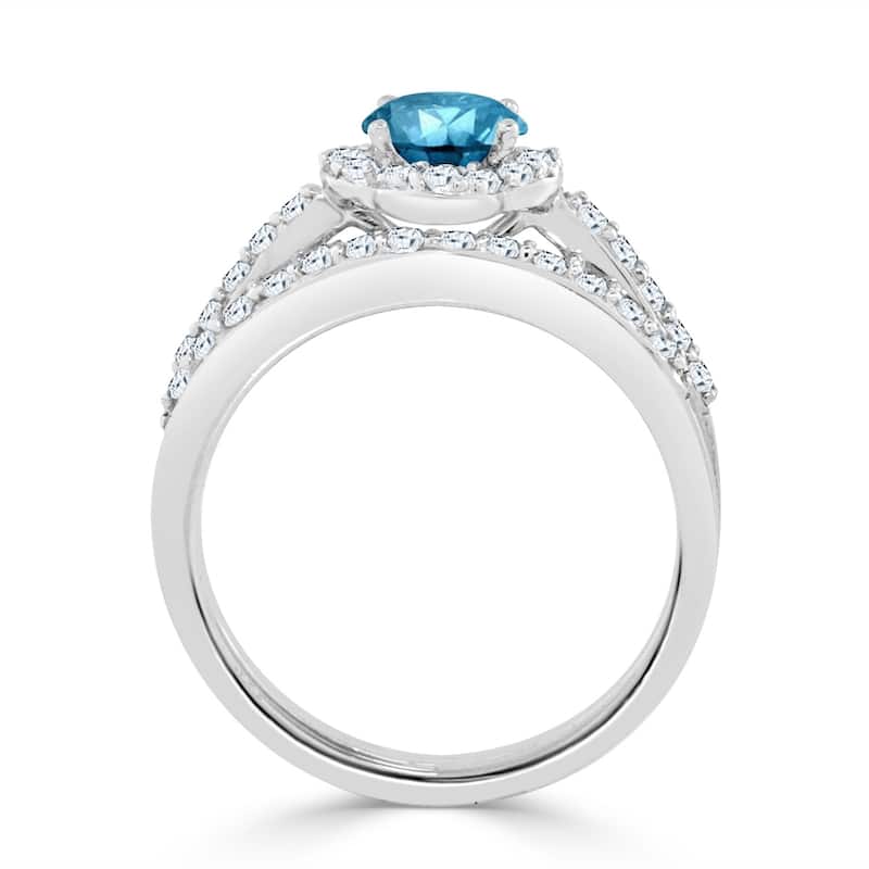 Auriya 14k Gold 1ctw Round Blue Halo Diamond Engagement Ring Set