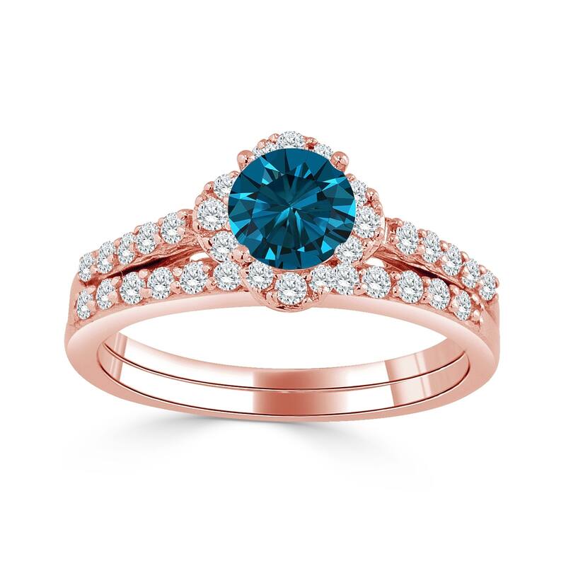 Auriya 14k Gold 1ctw Round Blue Halo Diamond Engagement Ring Set