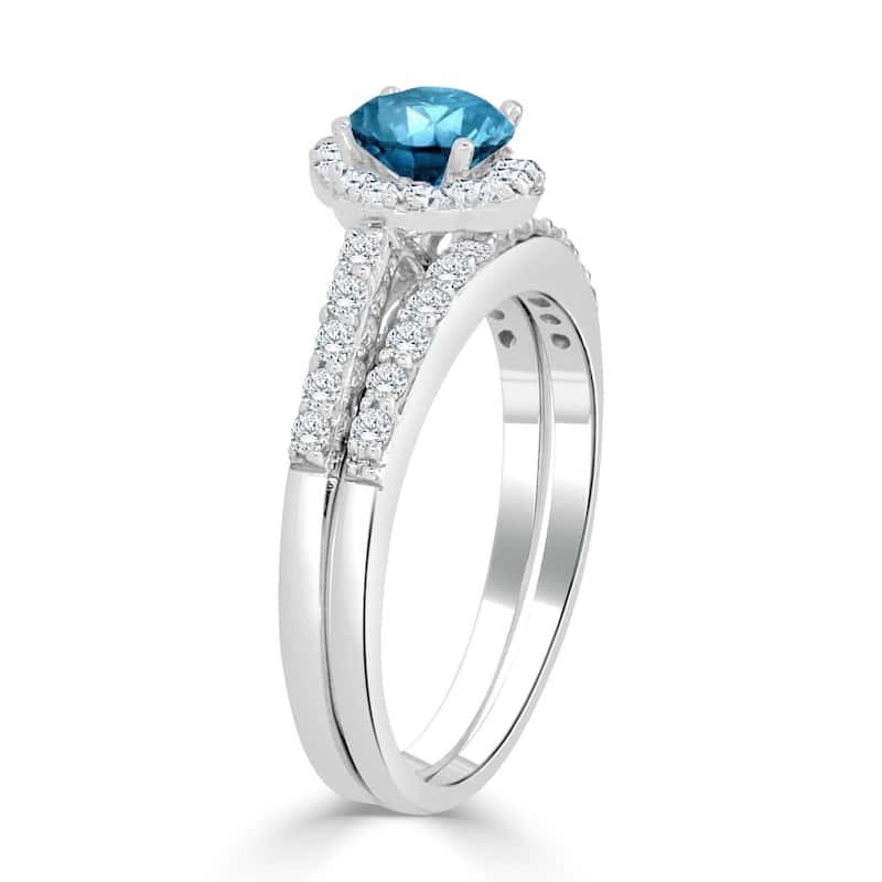 Auriya 14k Gold 1ctw Round Blue Halo Diamond Engagement Ring Set