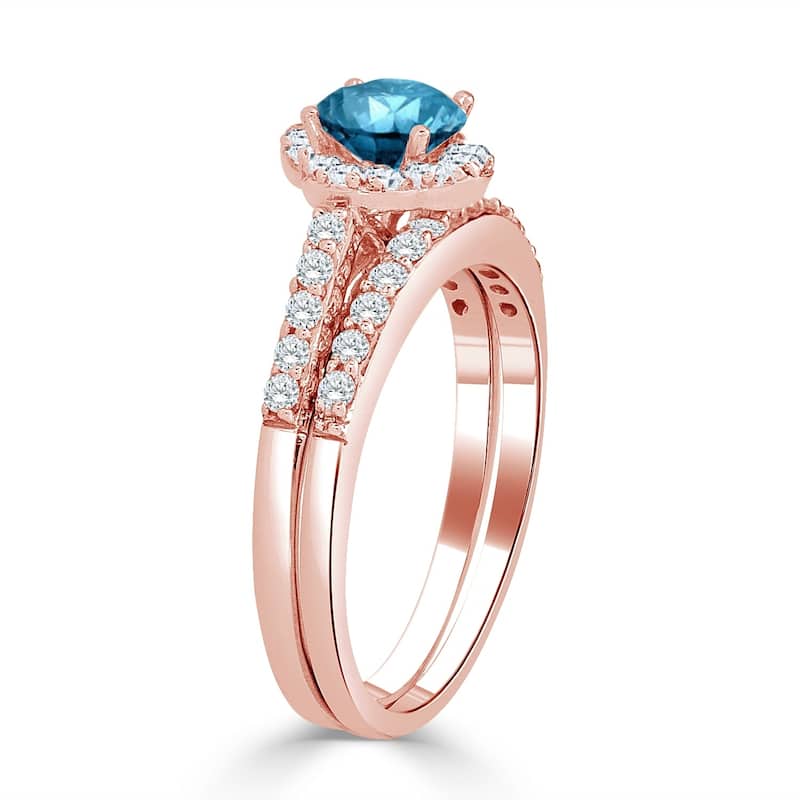Auriya 14k Gold 1ctw Round Blue Halo Diamond Engagement Ring Set