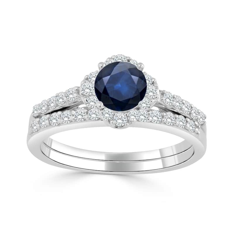 Auriya Floral 1/2ct Blue Sapphire and 1/2ctw Halo Diamond Engagement Ring Set 14k Gold