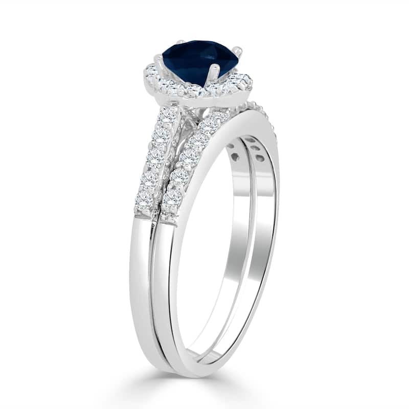 Auriya Floral 1/2ct Blue Sapphire and 1/2ctw Halo Diamond Engagement Ring Set 14k Gold