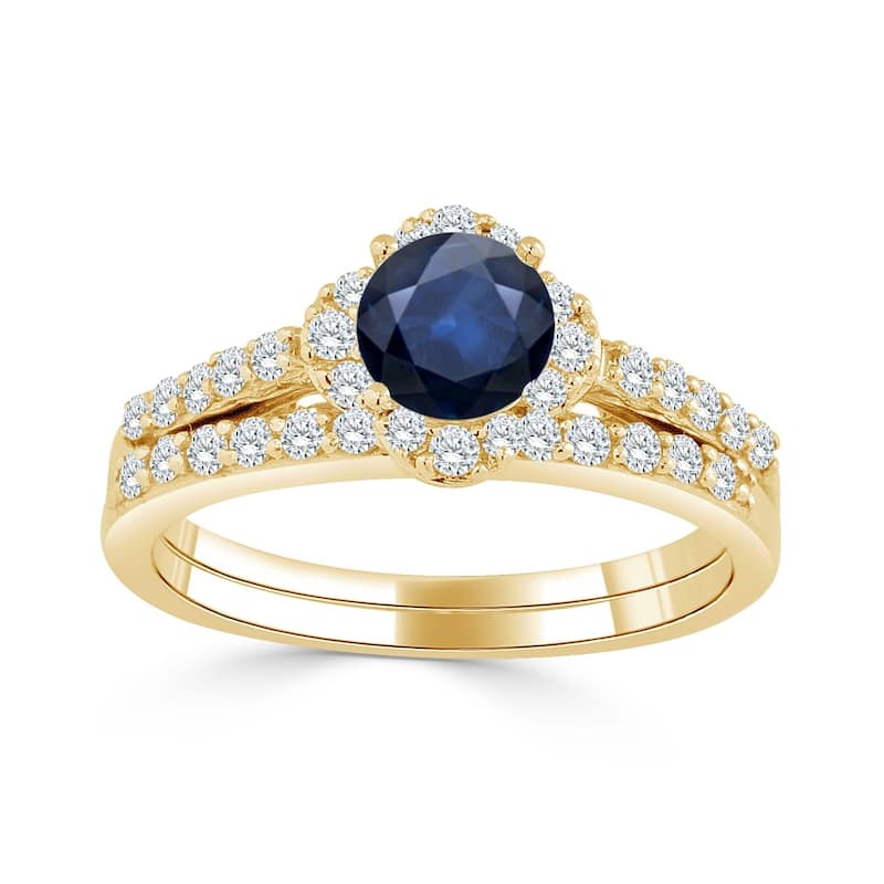 Auriya Floral 1/2ct Blue Sapphire and 1/2ctw Halo Diamond Engagement Ring Set 14k Gold