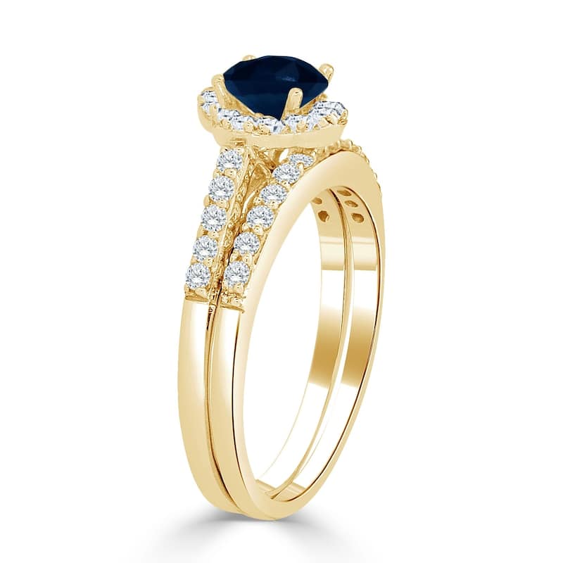 Auriya Floral 1/2ct Blue Sapphire and 1/2ctw Halo Diamond Engagement Ring Set 14k Gold