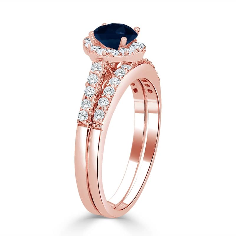 Auriya Floral 1/2ct Blue Sapphire and 1/2ctw Halo Diamond Engagement Ring Set 14k Gold