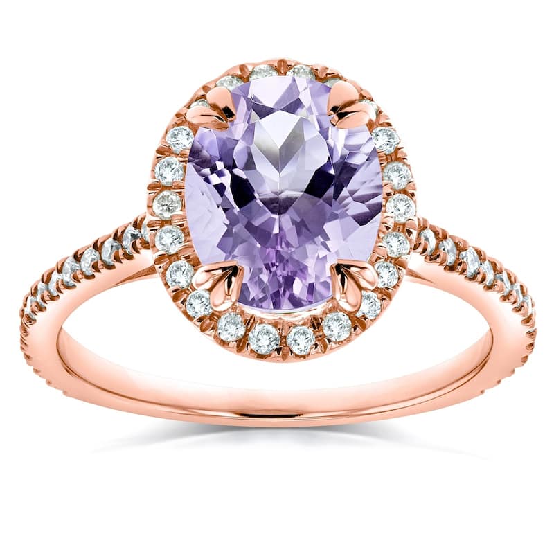 Annello by Kobelli 14k Gold 1 3/4ct TGW Oval Cut Lavender Purple Amethyst and Diamond Halo Gemstone Ring