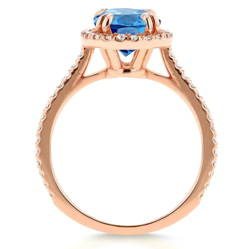 Annello by Kobelli 14k Gold 2 1/4ct TGW Oval Cut Swiss Blue Topaz and Diamond Halo Gemstone Ring