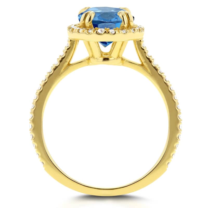 Annello by Kobelli 14k Gold 2 1/4ct TGW Oval Cut Swiss Blue Topaz and Diamond Halo Gemstone Ring