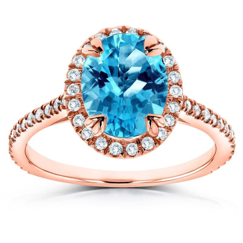 Annello by Kobelli 14k Gold 2 1/4ct TGW Oval Cut Swiss Blue Topaz and Diamond Halo Gemstone Ring