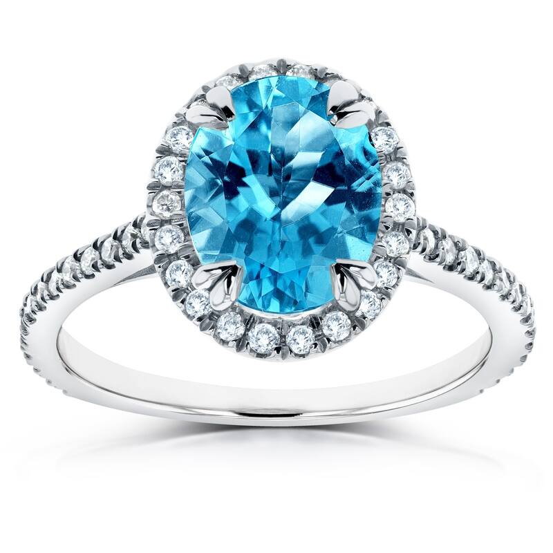 Annello by Kobelli 14k Gold 2 1/4ct TGW Oval Cut Swiss Blue Topaz and Diamond Halo Gemstone Ring