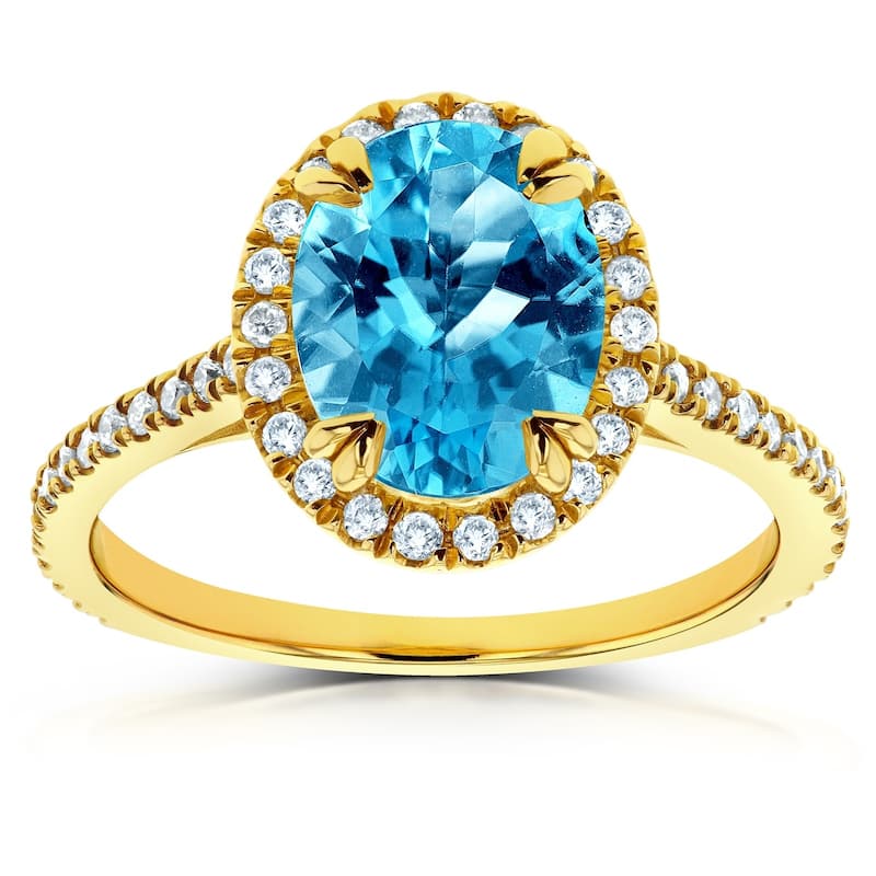 Annello by Kobelli 14k Gold 2 1/4ct TGW Oval Cut Swiss Blue Topaz and Diamond Halo Gemstone Ring