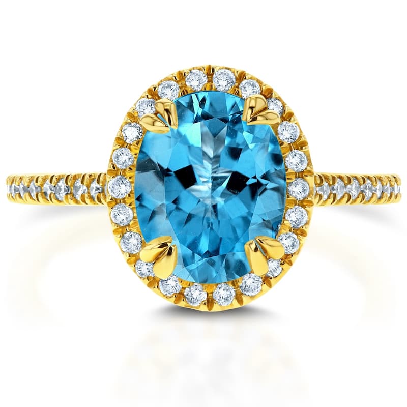 Annello by Kobelli 14k Gold 2 1/4ct TGW Oval Cut Swiss Blue Topaz and Diamond Halo Gemstone Ring