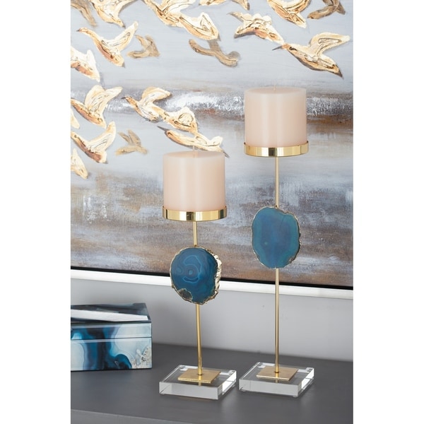 Silver Orchid Dunbar Gold-finish Blue Agate Candle Holder, 12 inches, 16 inches high (Set of 2)