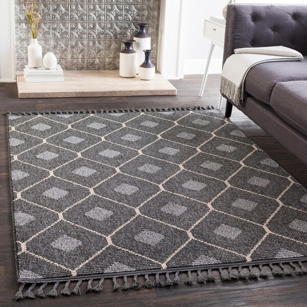 Maci Black Moroccan Trellis Tassel Area Rug (9'3" x 12'1") - 9'3" x 12'1"